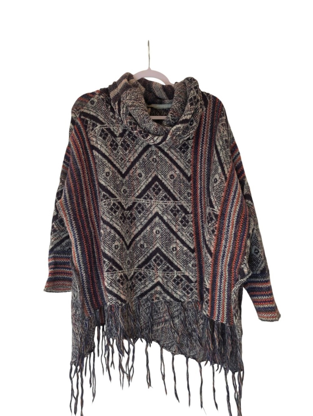 Free People Be the One Fringe Wool Aztec Cowl Poncho Extra Small XS Oversized